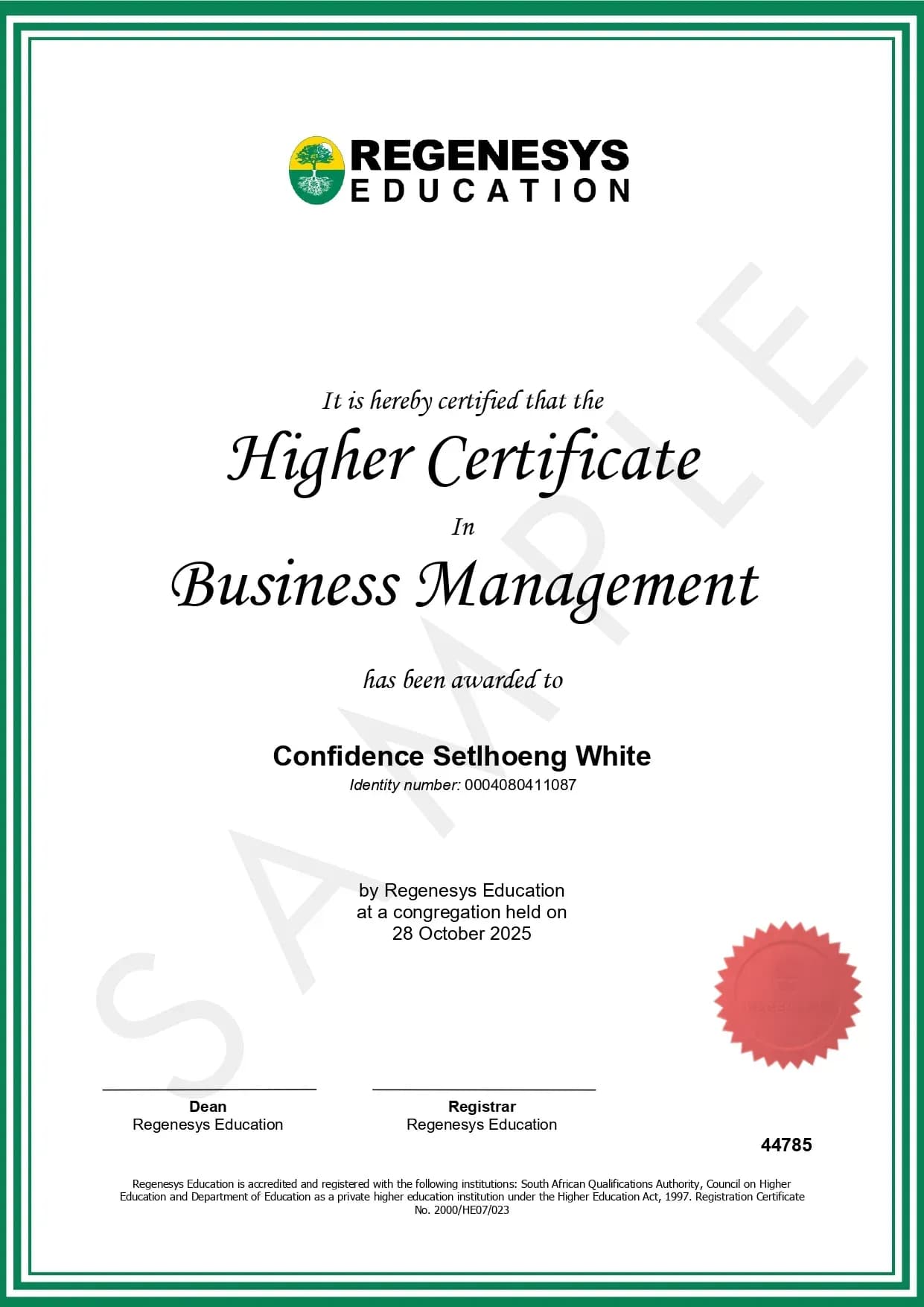 HCBM Degree Certificate